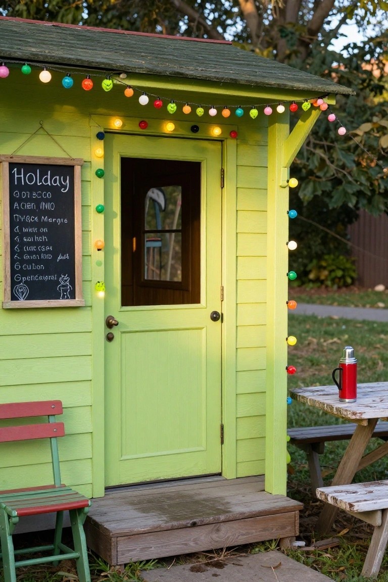 Lime green wooden playhouse with open door, multicolored string lights draped around eaves and sides, chalkboard sign reading "Holiday" with a list on the wall, red chair and picnic table nearby in a grassy yard with trees.