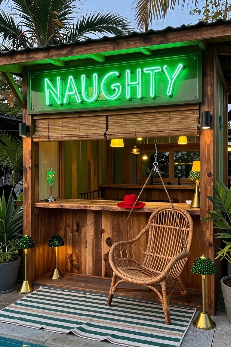 Wooden outdoor bar hut beside a swimming pool with green neon "NAUGHTYHTY" sign above bamboo blinds, red hat on the counter, rattan hanging chair, potted plants, and various shaded lamps.
