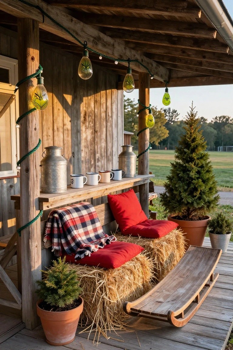 Rustic wooden porch featuring two hay bale seats with red cushions and plaid blanket, milk cans and mugs on a shelf, potted fir trees, a wooden sled, green teardrop string lights hanging overhead, and a field with trees in the background at dusk.