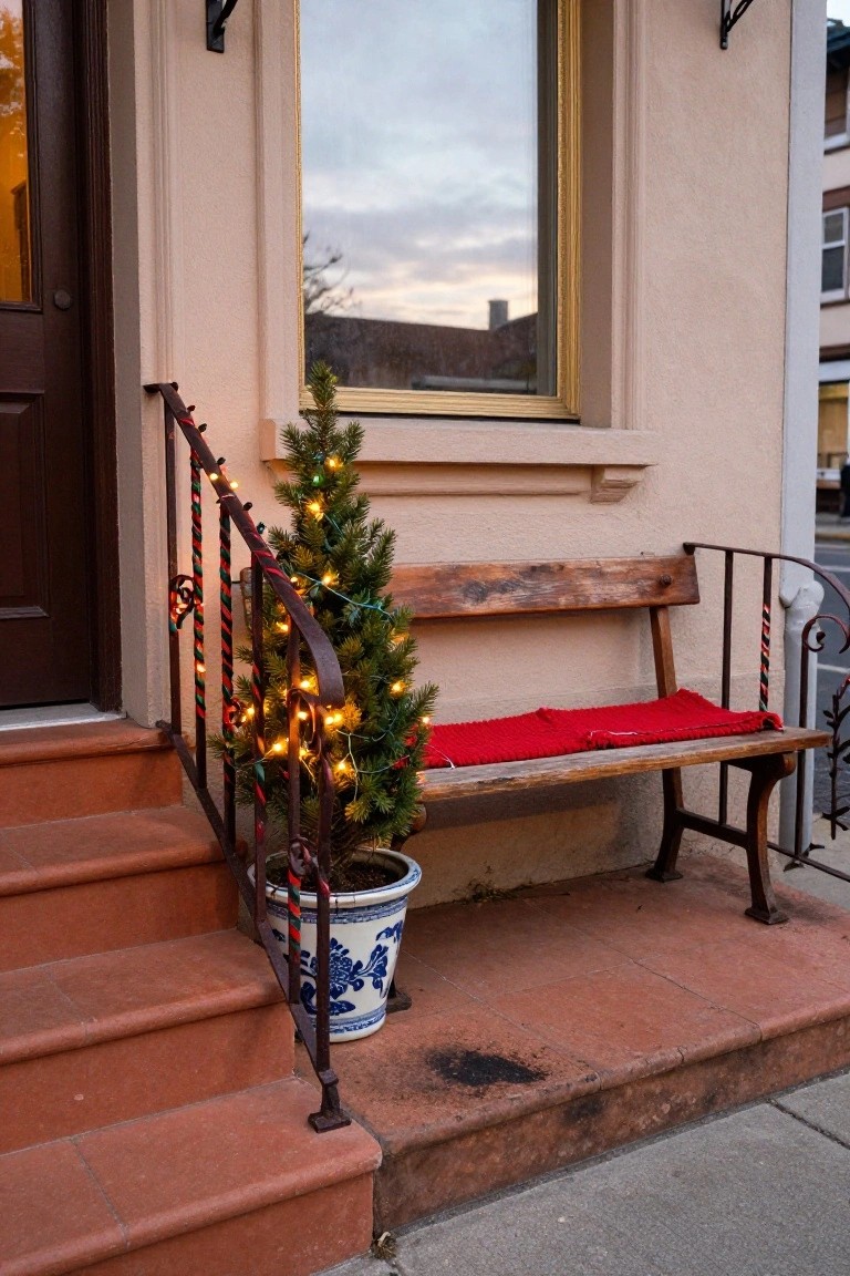 Beige stucco house front stoop with brown door, red brick steps, wrought-iron railing wrapped in red and green garland and string lights, small lit evergreen Christmas tree in blue and white porcelain pot on the landing, wooden bench with red blanket cushion against the wall.