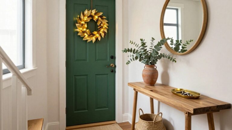 Lit gold leaf wreath hanging on dark green paneled wall in a hallway with wooden stairs, small wooden table with terracotta vase of eucalyptus, gold tray, and wicker basket.