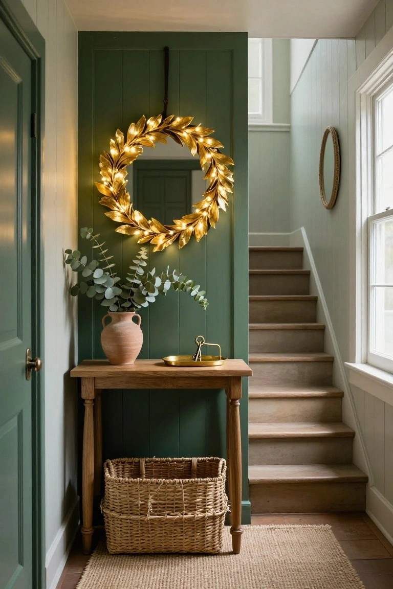 Lit gold leaf wreath hanging on dark green paneled wall in a hallway with wooden stairs, small wooden table with terracotta vase of eucalyptus, gold tray, and wicker basket.