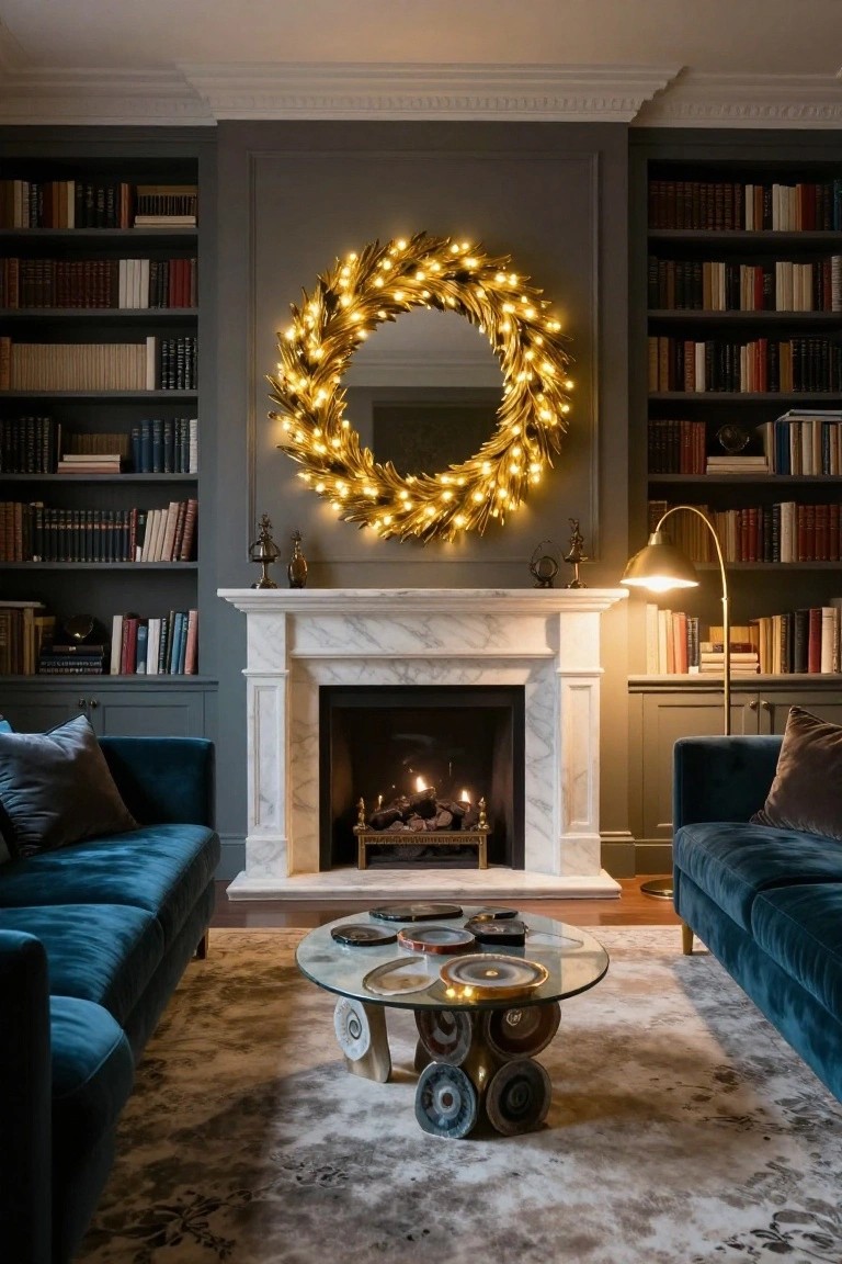 A living room with gray built-in bookshelves, a white marble fireplace, blue velvet sofas, glass coffee table, and a large illuminated gold leaf wreath encircling a round mirror above the mantel.