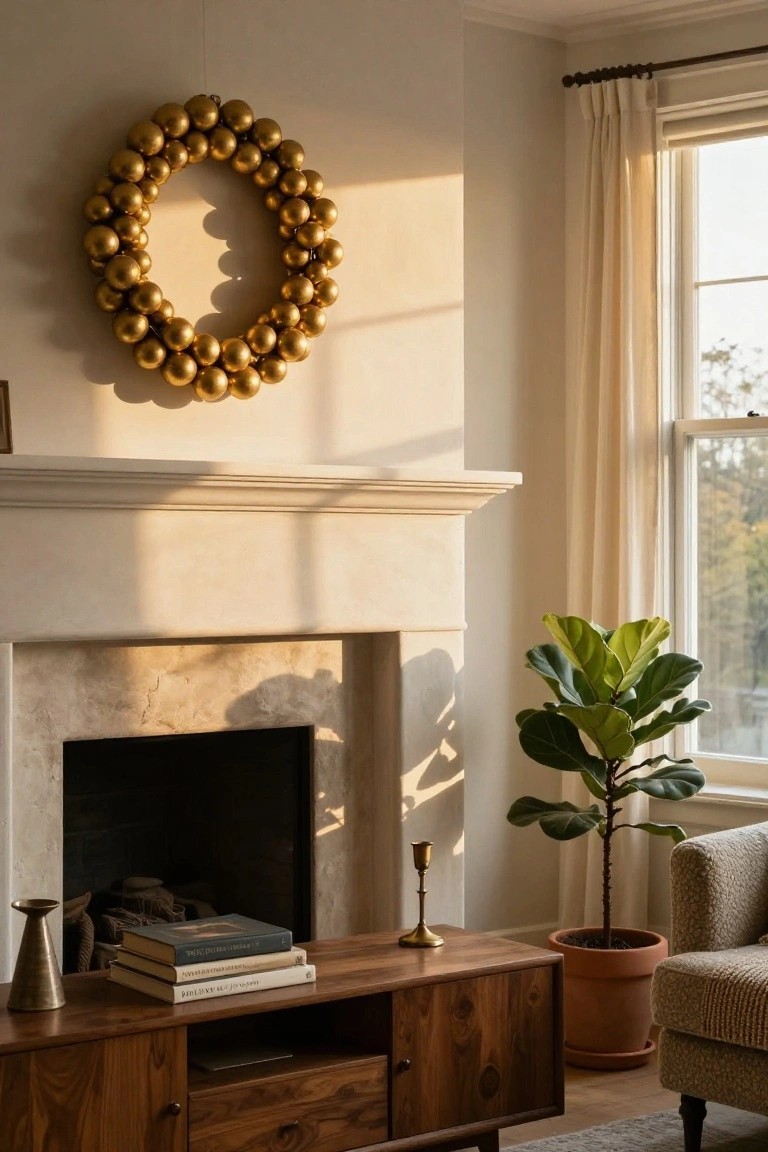 A living room with a beige stone fireplace, wooden media console topped with stacked books and brass candlesticks, large gold ball wreath on the wall above the mantel, potted fiddle leaf fig plant, and beige armchair by a curtained window.