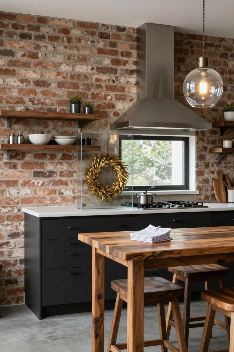 Kitchen with exposed brick walls, black cabinets, white countertop, wooden island table with stools, stainless steel range hood over gas stove, glass-front window, wooden shelves, plants, and a large gold wheat wreath hanging on the wall near the window.