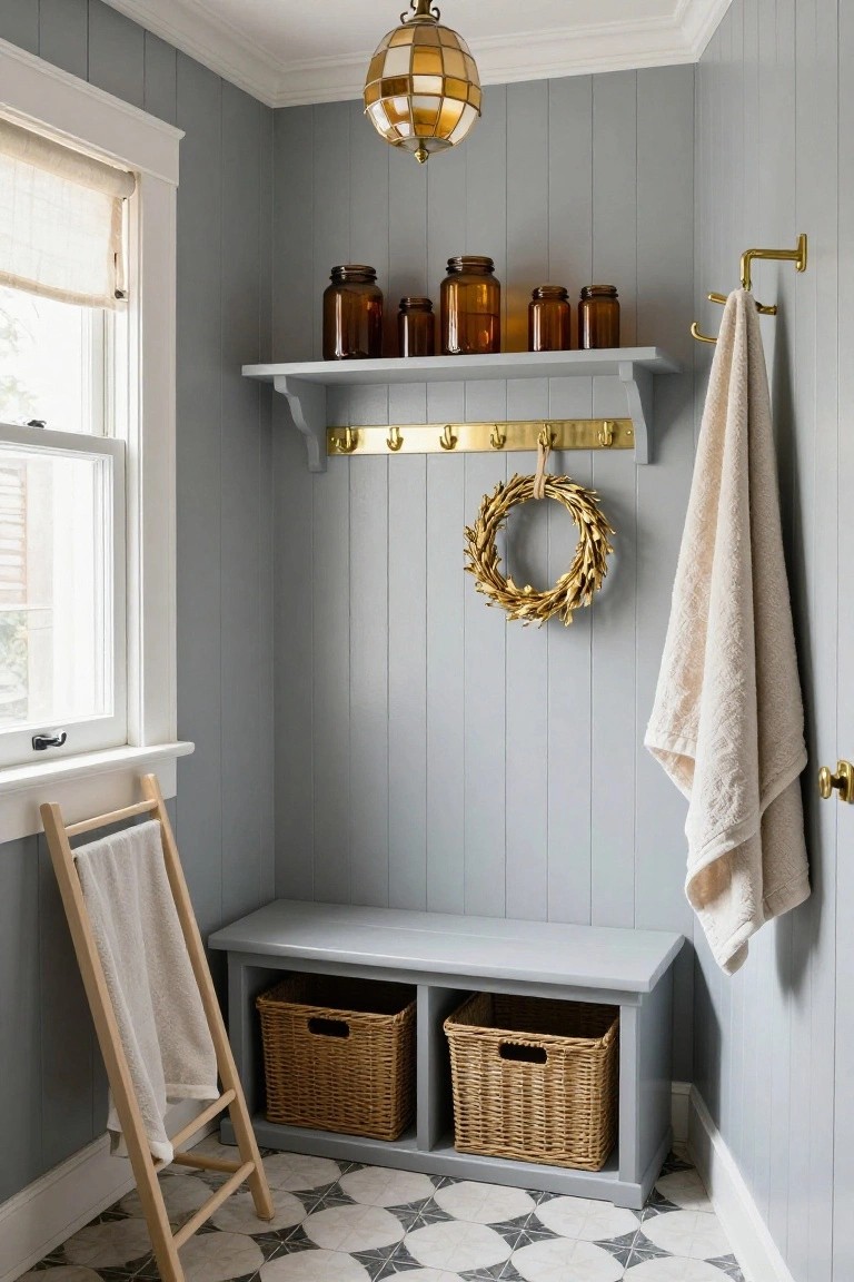 Small interior mudroom with light gray shiplap walls, wooden bench with wicker baskets underneath, gold wheat wreath on wall, hanging towels on brass hooks and ladder, amber glass jars on floating shelf, brass light fixture overhead, checkered tile floor.