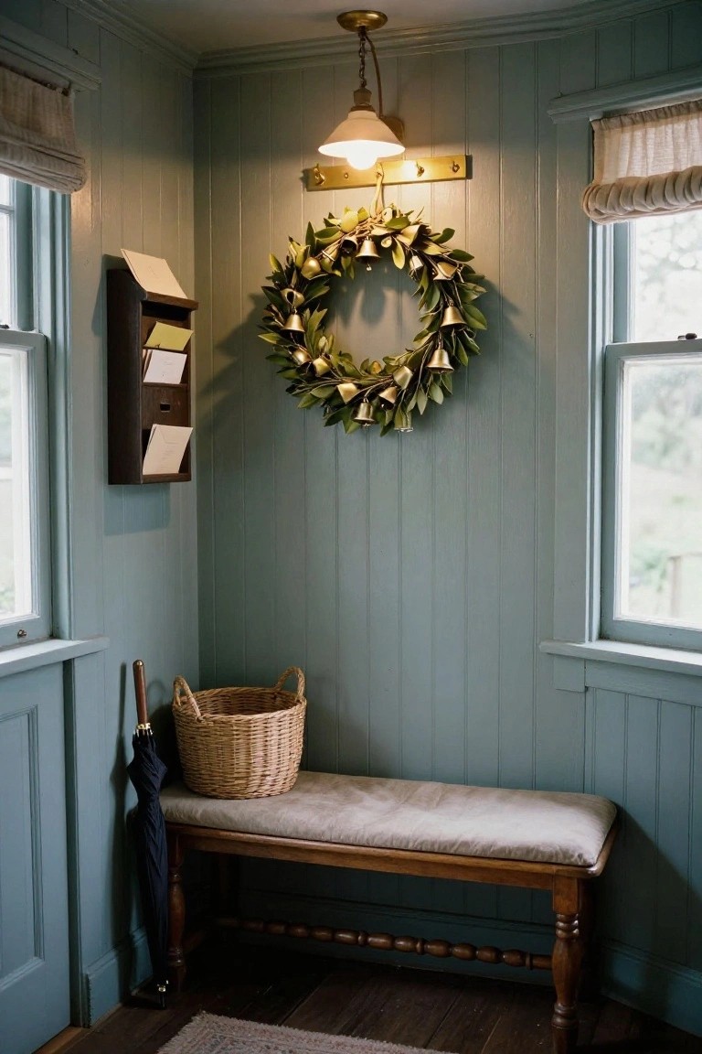 Interior corner of a light blue paneled room with two windows draped in white curtains, wooden mail holder on wall, large wreath of green magnolia leaves and gold bells, wooden bench with beige cushion, wicker basket, black umbrella leaning nearby, ceiling pendant lamp, and woven rug on wood floor.