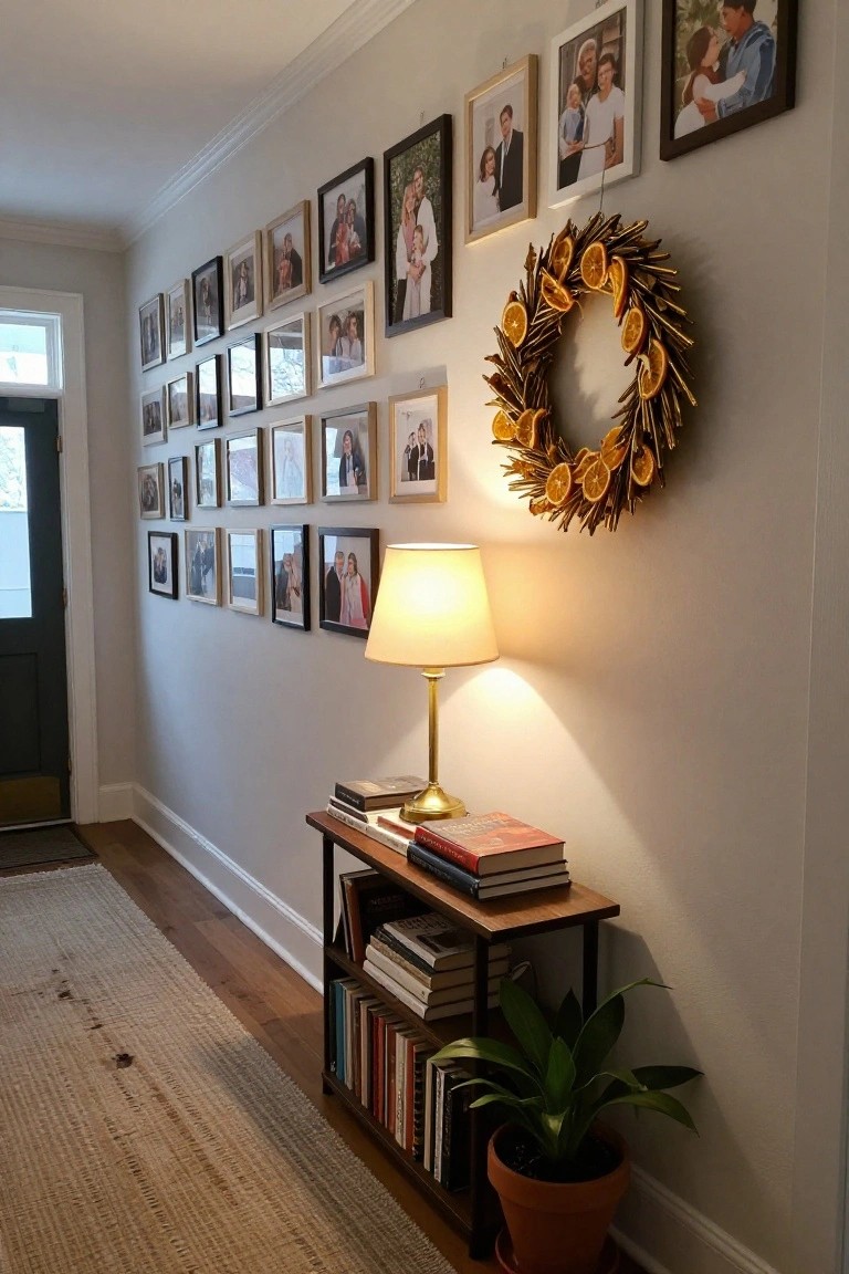 Interior hallway with a long wall of assorted family photo frames, a gold wreath made of dried orange slices hanging among them, a lit brass lamp on a console table below with books and a potted plant, and a rug on hardwood floor.