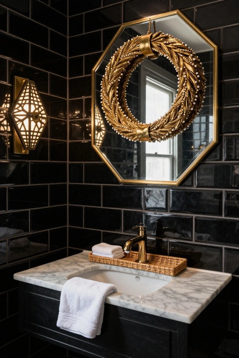Black subway tile bathroom corner with octagonal gold mirror framed by pearl-accented gold wheat wreath, marble vanity, gold faucet, white towels, and geometric wall sconces.