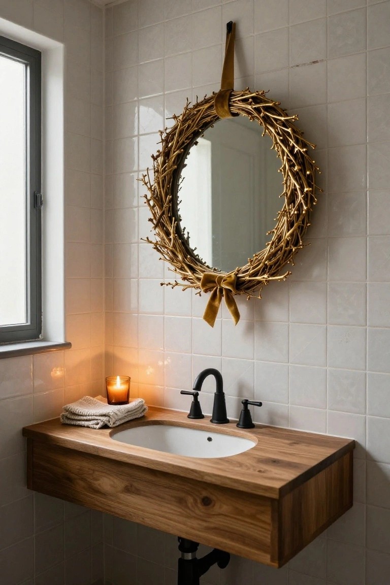 Gold Wreath on Bathroom Mirror