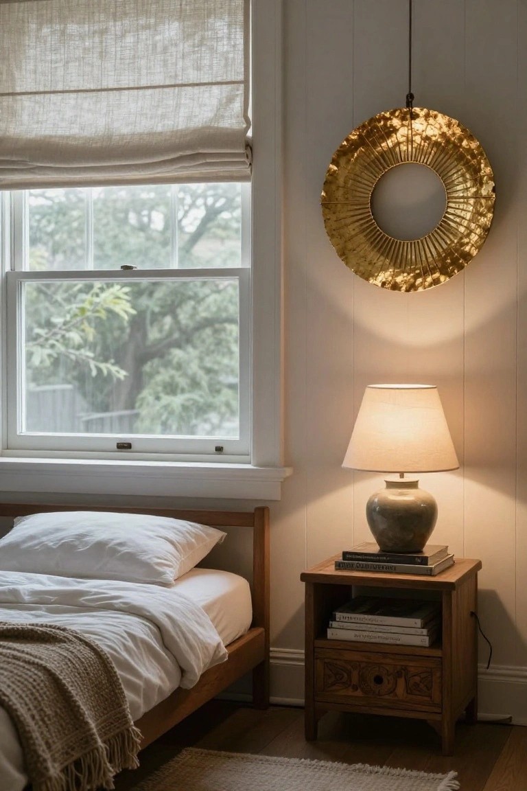 Bedroom interior with large hammered gold circular wall hanging next to window with linen shade, wooden bed with white pillows and sheets plus beige throw, nightstand holding ceramic lamp and stacked books.