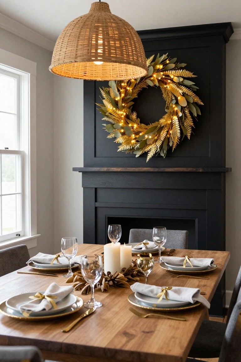 Gold Wreath on Dark Fireplace