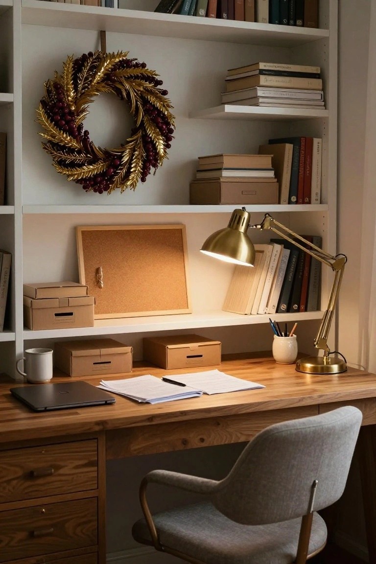 Home office with wooden desk, open notebooks, laptop, white bookshelves filled with books and boxes, gold desk lamp, corkboard, and a gold berry Christmas wreath hanging on the bookshelf wall.