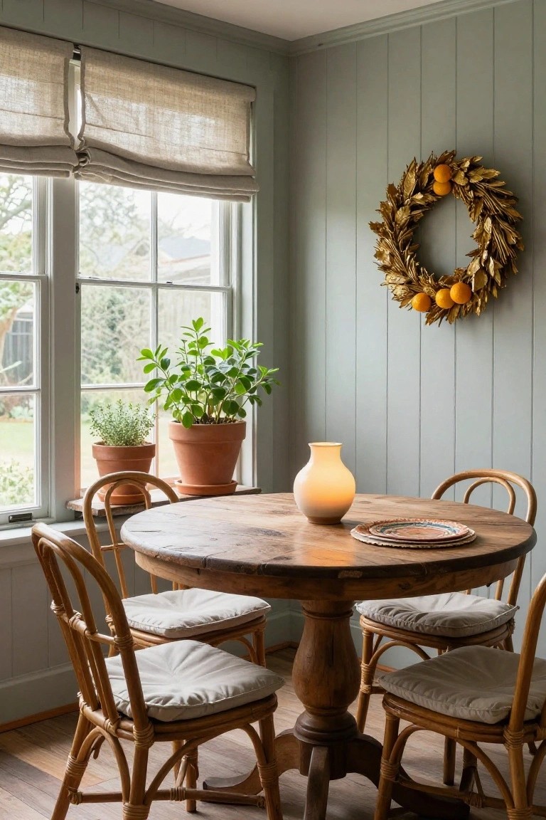 Cozy interior dining nook with round wood table, rattan chairs with cushions, potted plants on windowsill, beige roman shades, and gold leaf wreath with oranges on pale green paneled wall.