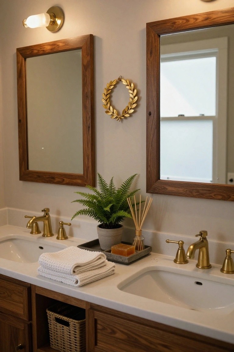 Bathroom with double white sinks on a white countertop, gold faucets, wooden cabinets, two wooden-framed mirrors, a gold laurel leaf wreath on the wall, a fern plant, reed diffuser, and white towels.