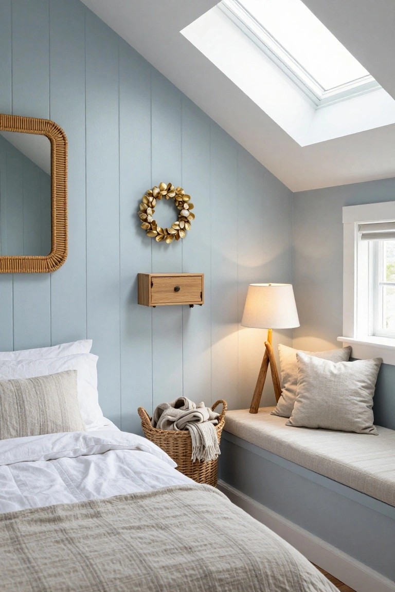 Pale blue shiplap-walled bedroom with sloped ceiling and skylight, rattan mirror, gold scallop-shell wreath, wooden wall shelf, tripod lamp, window seat with pillows, bed with white sheets and beige linens, and wicker basket with blankets.