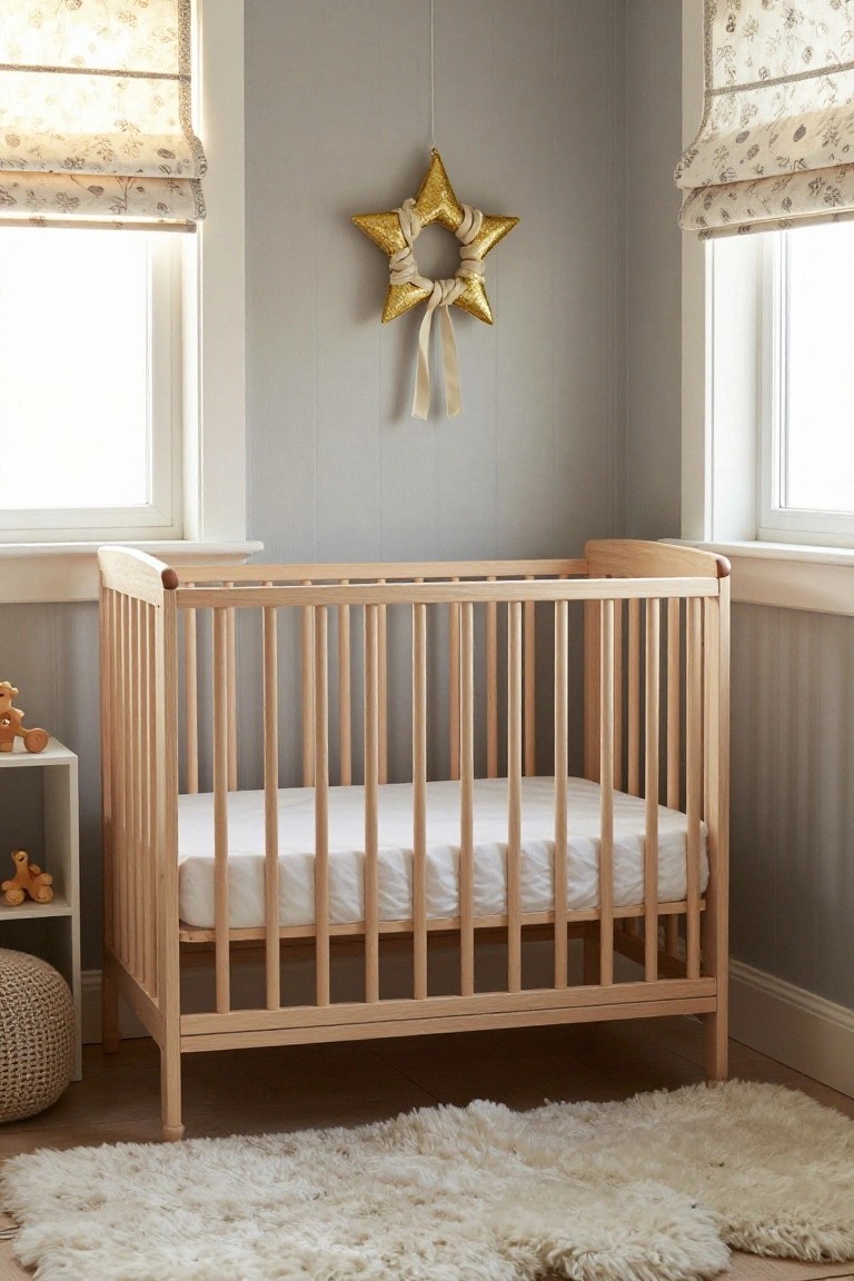 Light wood crib in a gray corner nursery with a gold star wreath hanging on the wall above it, windows dressed in beige floral roman shades, wooden toys on a white shelf, woven pouf, and white shag rug on hardwood floor.