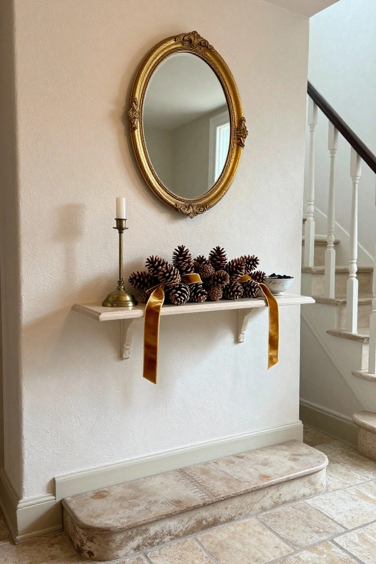 Floating wooden shelf on a light beige wall holds clustered pinecones tied with gold ribbon, a brass candlestick with white candle, and a small white bowl with black items, below a large gold-framed oval mirror next to a white staircase in a hallway with beige stone flooring.