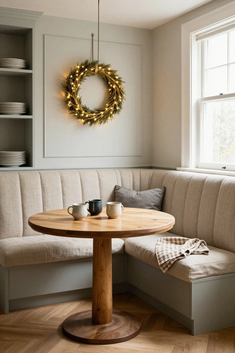 Beige tufted banquette booth in a light kitchen corner with round wooden pedestal table holding two ceramic mugs, lit evergreen Christmas wreath on wall above shelves with plates, and herringbone wood floor.
