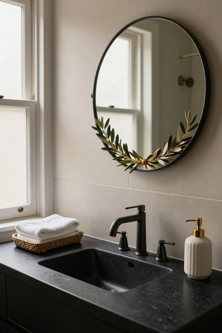 Round black-framed mirror with green olive leaf wreath and gold accents above a black stone sink, flanked by a black faucet, gold soap dispenser, and white towels in a wicker basket on the counter in a neutral bathroom.