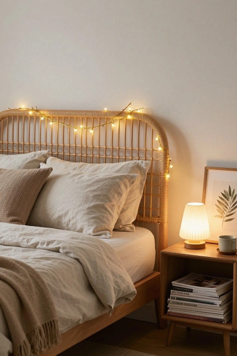 Bedroom with rattan headboard wrapped in warm fairy lights, white and beige pillows and sheets on the bed, wooden nightstand holding a lamp and stacked magazines.