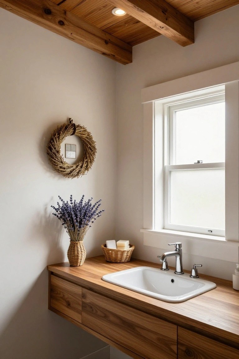Bathroom corner with floating wooden vanity, white sink, chrome faucet, lavender bouquet in woven vase, basket of white soaps, and wheat wreath hanging on white wall next to frosted window under wooden beamed ceiling.