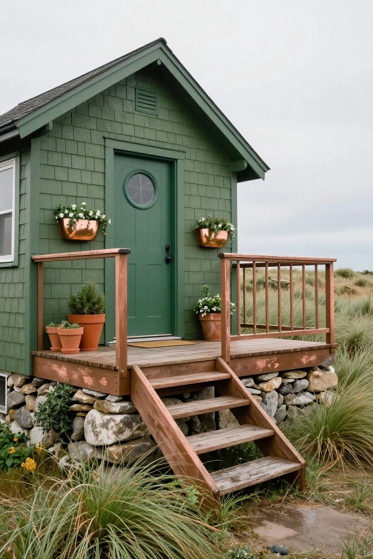 Small green shingled cottage with dark green door, round window, copper hanging planters, potted plants on wooden porch with copper railing and steps, rocky base, grasses, and dunes in background.