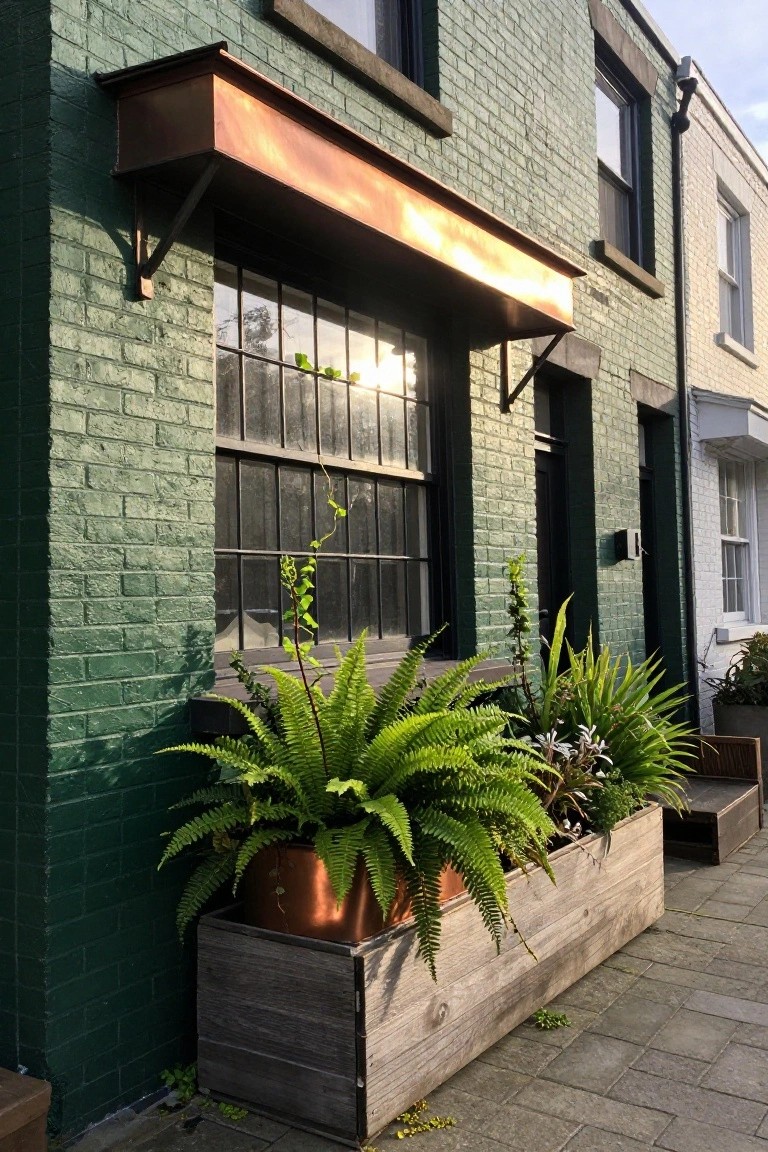 Green brick rowhouse exterior with copper awning over a tall multi-pane window, wooden planter box filled with ferns and plants along the base, black front door, and adjacent white house on a paved walkway.