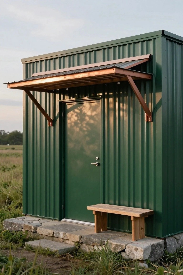 Green corrugated metal shed with a slanted copper-toned awning over the green metal door, wooden bench next to it, stone steps at the base, set in a grassy field.
