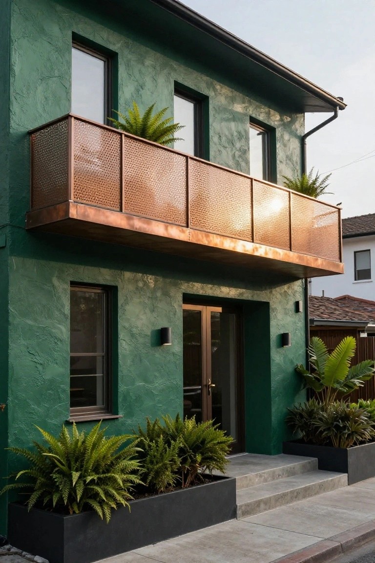 Two-story house with textured emerald green stucco walls, cantilevered copper balcony with mesh railing and potted ferns above the entry, flanked by large black planters with ferns on a concrete sidewalk.