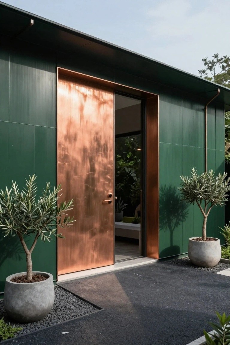 Green metal-paneled building exterior with a tall copper door in a matching frame, flanked by two potted olive trees on either side of a dark gravel entry path.
