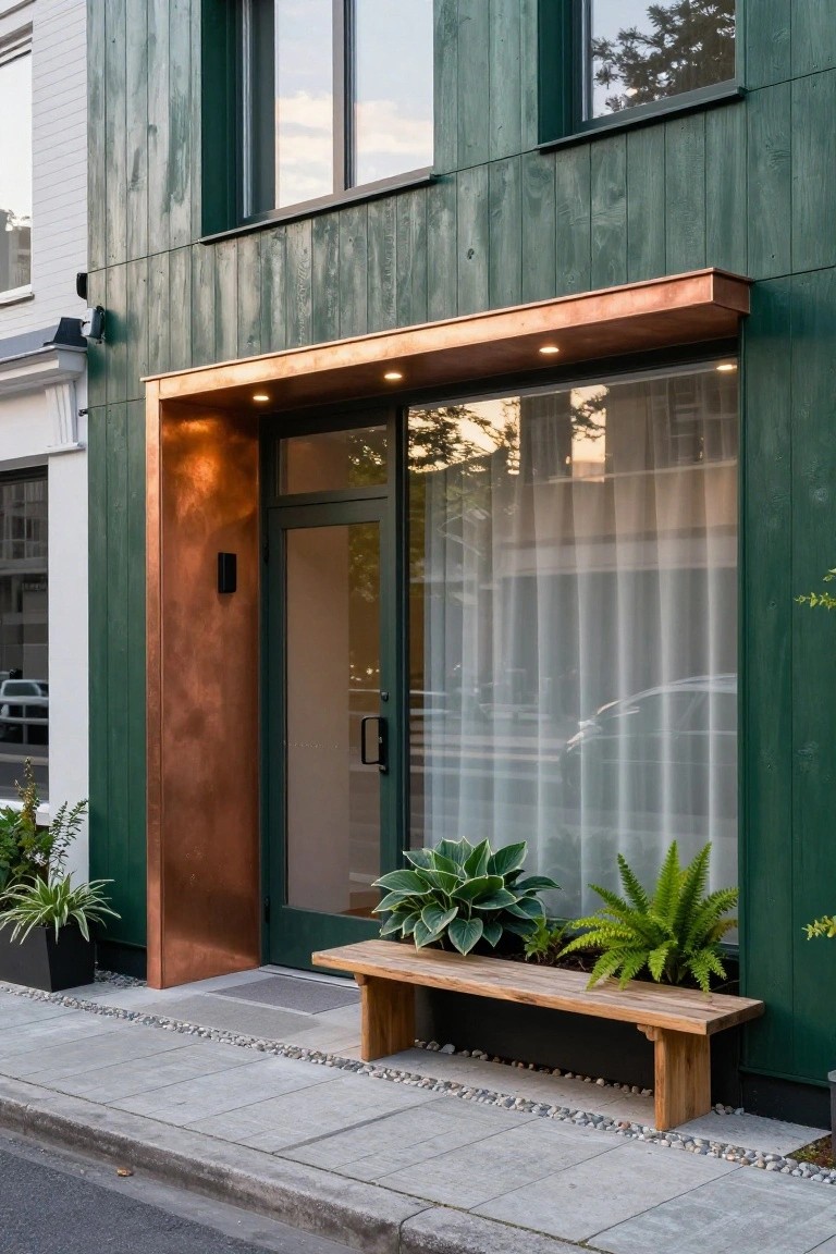 House exterior with dark green vertical wood cladding, copper canopy and frame around a glass entry door, potted plants on either side, wooden bench on sidewalk, and pebble edging along the base.