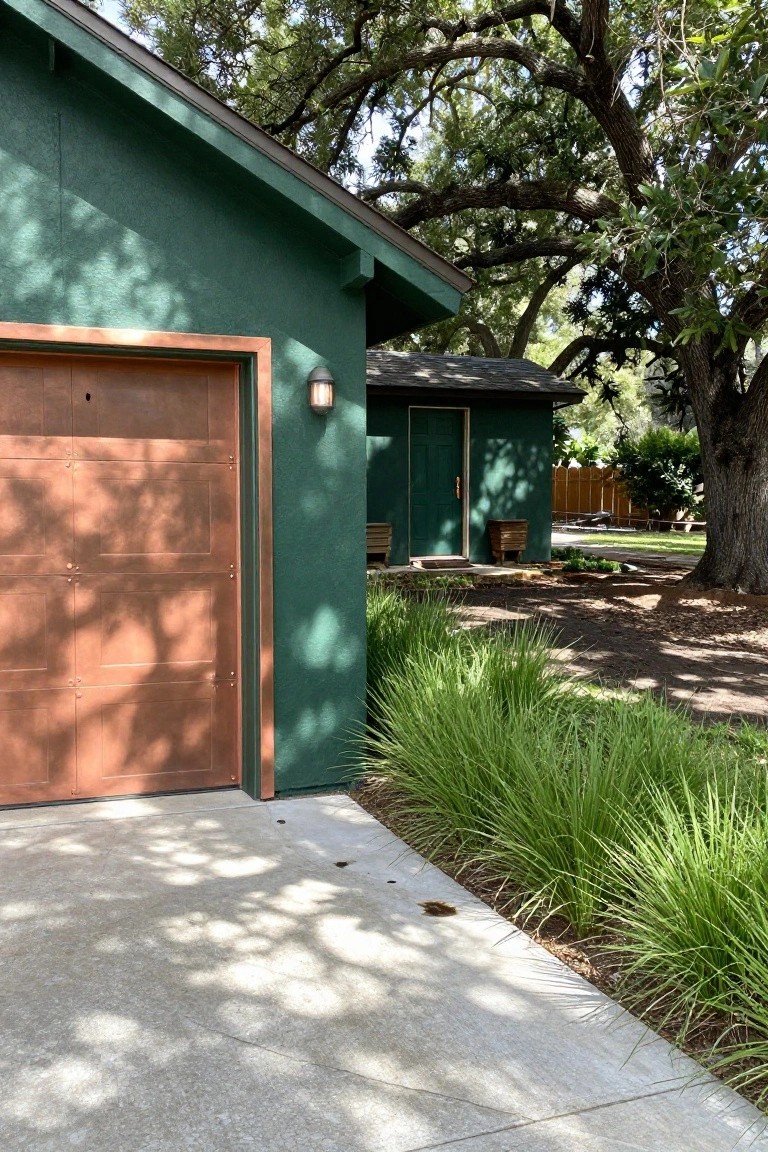 Green-painted garage with reddish copper-toned door, adjacent small green shed with wooden crates outside, ornamental grasses along concrete driveway, large oak trees in background.