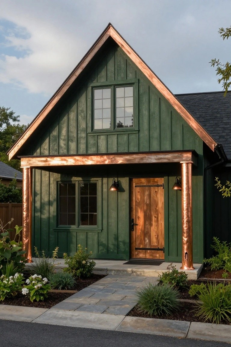 A small dark green board-and-batten house with copper roof edges, porch columns, wooden front door, wall lanterns, and low plantings along a stone walkway.