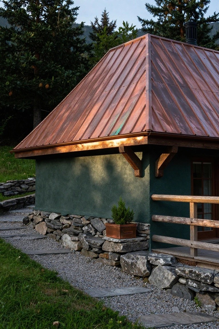 Small cabin with green plaster walls, copper standing-seam roof, stone foundation and retaining walls, wooden railing and brackets, potted plant, gravel path, surrounded by conifer trees and grass in a mountainous area.