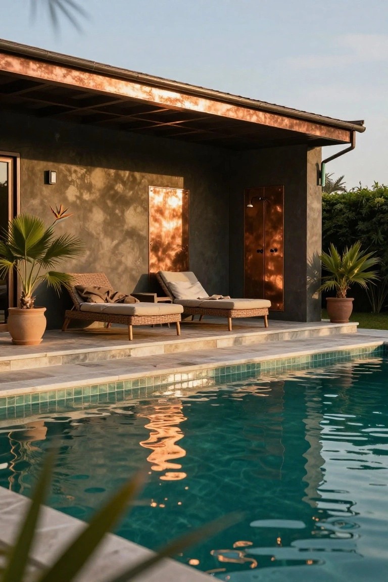 Copper-roofed terrace with two wicker loungers and potted plants overlooking a turquoise-tiled pool, next to a textured stucco house wall with copper door and shower enclosure.
