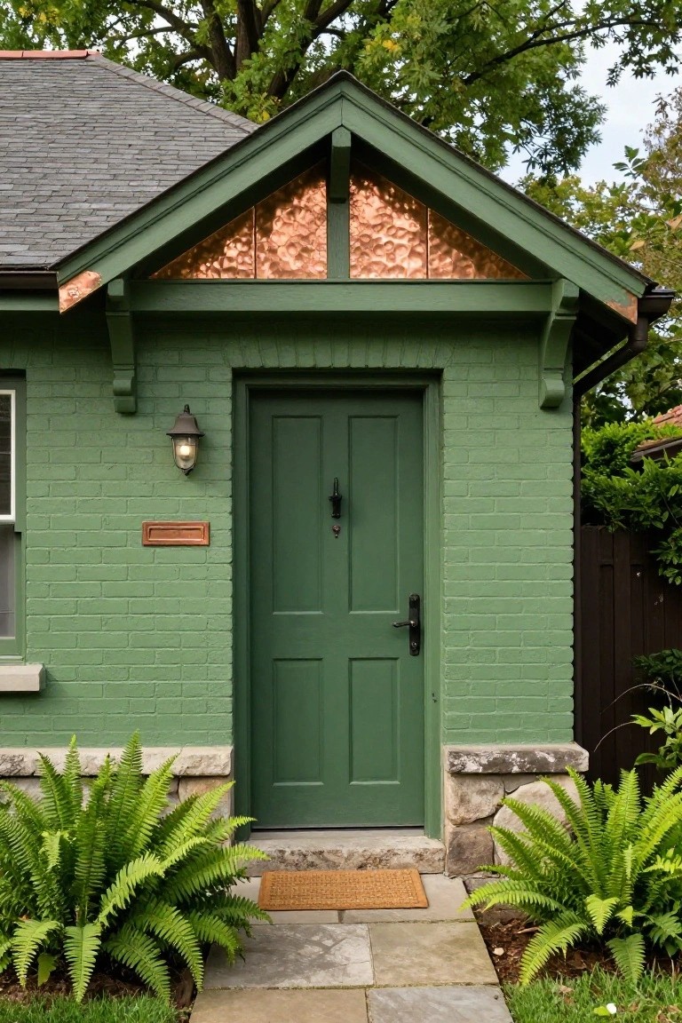 Front exterior of a small green-painted brick house with gray shingle roof, hammered copper gable panels and trim, dark green four-panel door, wall lantern, copper plaque, ferns flanking stone walkway, and wooden fence nearby.
