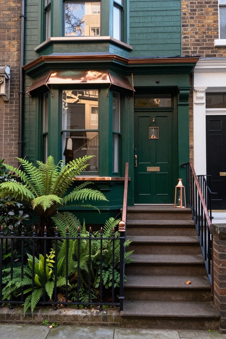 Green painted two-story terraced house with copper awning over bay window, green front door with copper knocker and lantern beside it, black iron railing around front steps, ferns and plants in the garden, and adjacent white and black houses on a paved street.