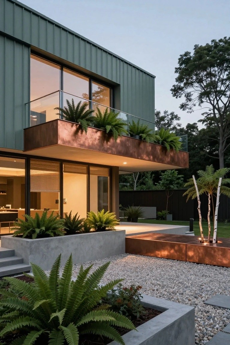 Modern house exterior with vertical green metal cladding, copper balcony planters holding ferns, large glass windows, concrete steps, and gravel ground cover surrounded by trees and plants.