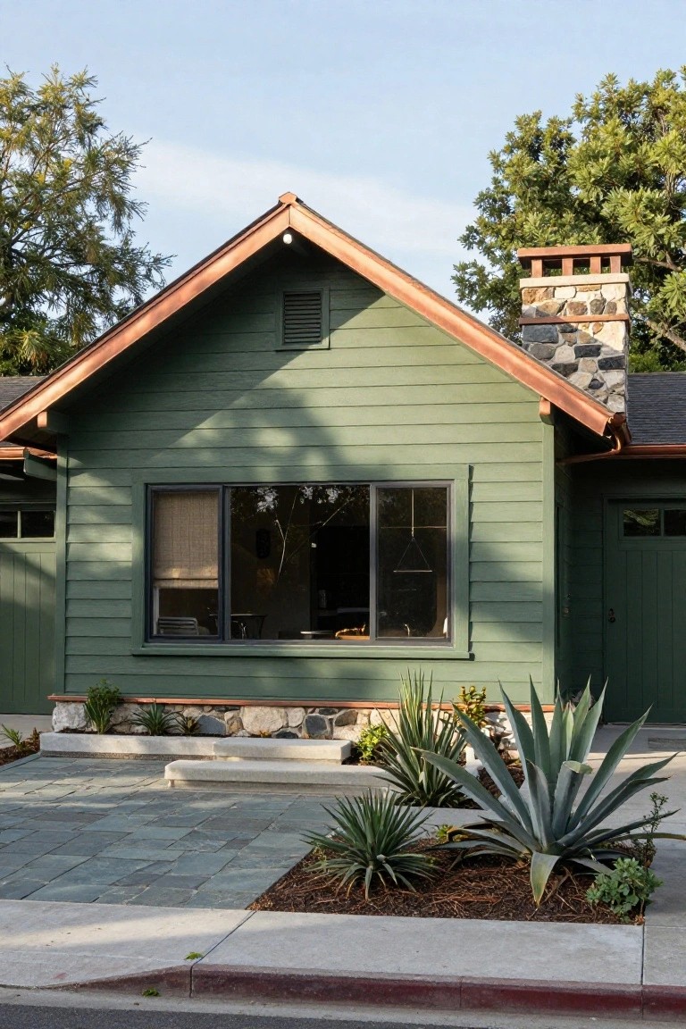 Green clapboard house exterior with gabled copper-edged roof, stone chimney, large window with partial bamboo blind, paneled garage door, succulent plantings, and slate paver driveway.