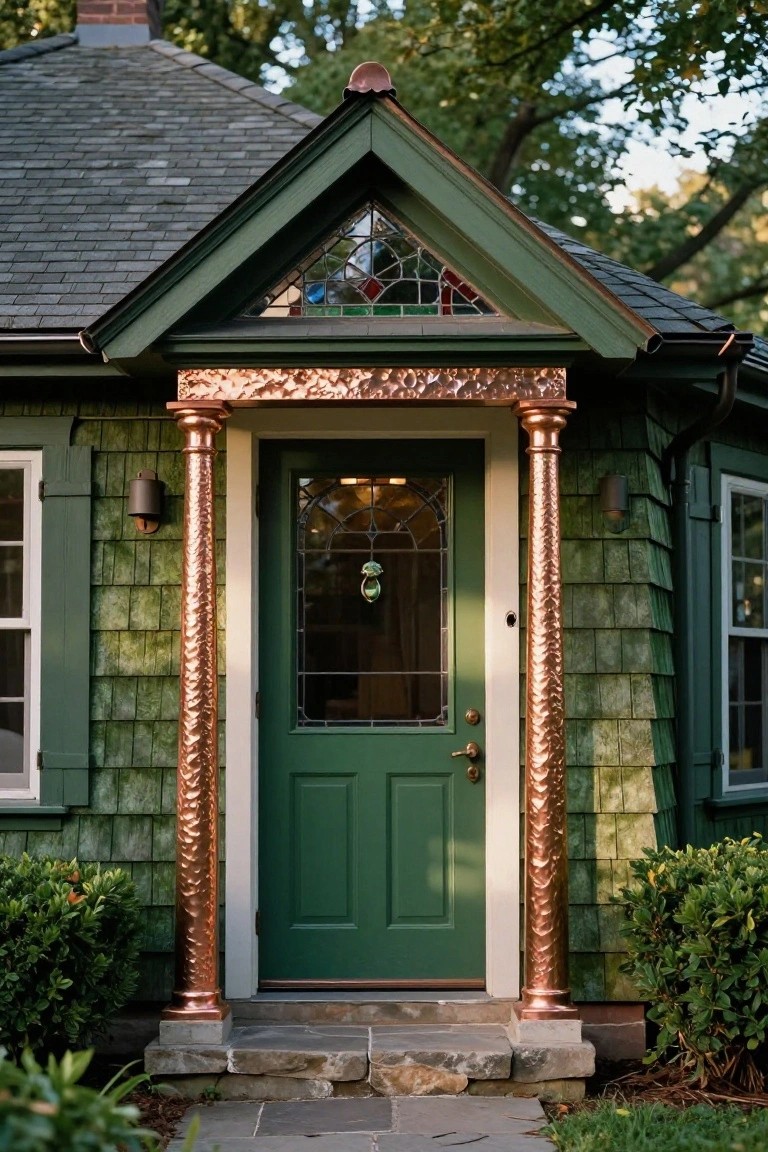 Green shingled house exterior with hammered copper columns flanking a green front door with stained glass, stone entry steps, lanterns, and surrounding shrubs.