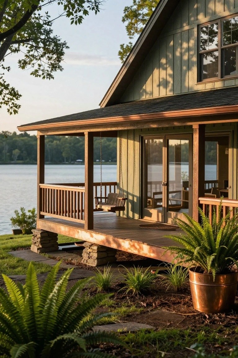 Side view of a green-sided house with covered wooden porch deck featuring a hanging swing on chains, wooden railing, glass doors to interior, overlooking a lake, stone piers, ferns in copper pot, and grass in foreground.
