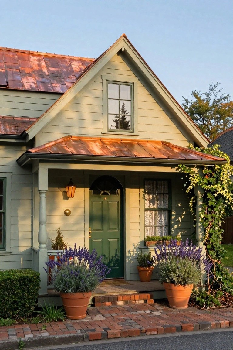 Sage green shingled house with oxidized copper roof, covered porch, green front door, lantern light, potted lavender plants, and brick steps.