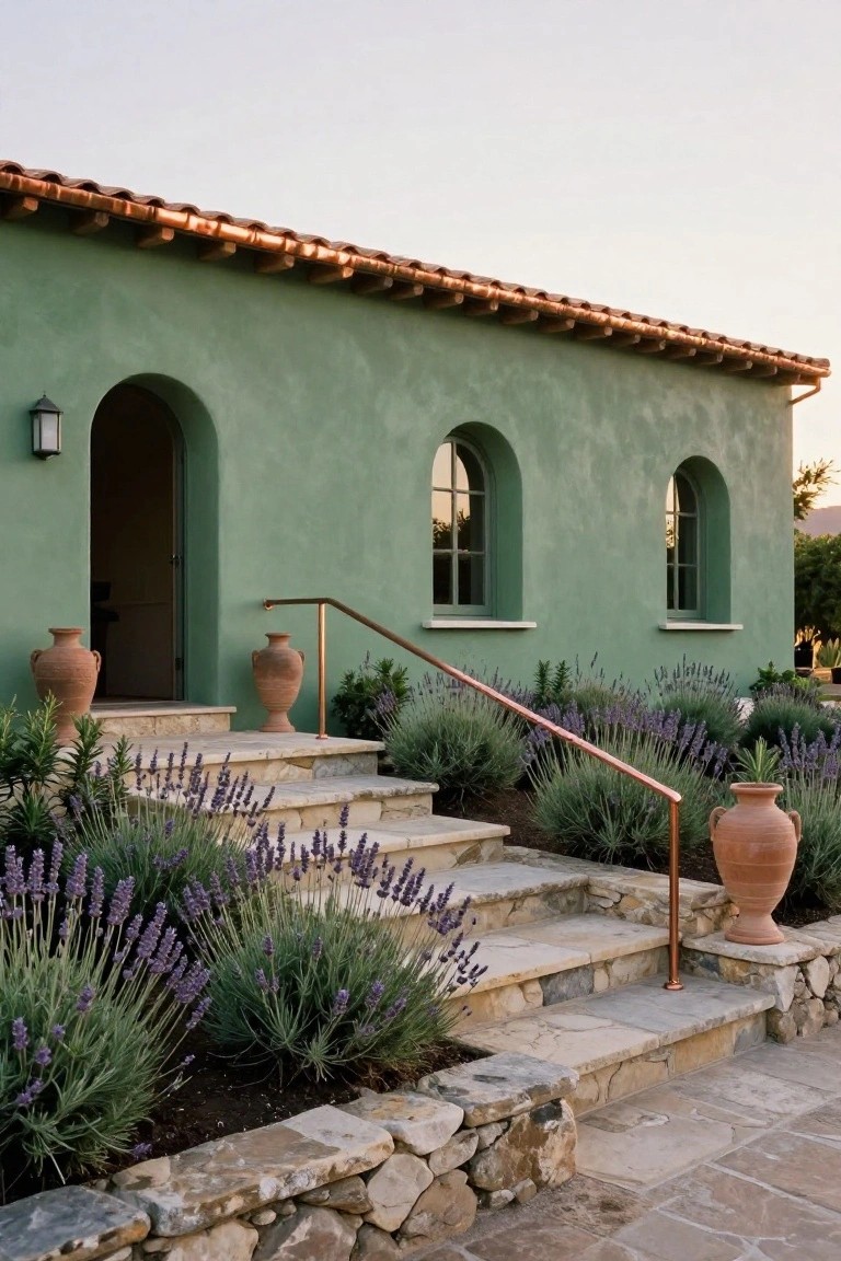 Sage green stucco house exterior featuring an arched open doorway, arched windows, copper tile roof, copper handrail on stone entry steps lined with lavender plants and flanked by terracotta pots.