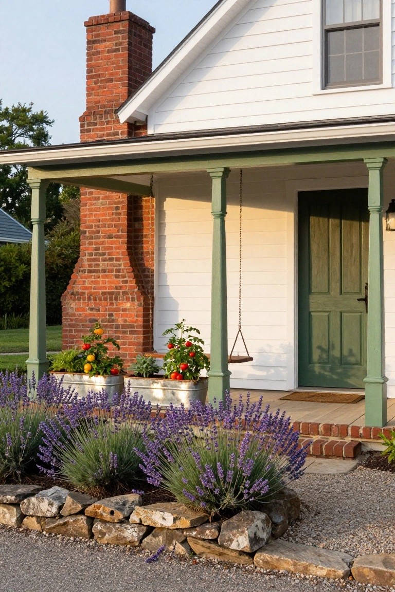 White clapboard house with tall red brick chimney, green-painted porch columns and front door, hanging plant basket, metal planters with lavender and tomato plants along stone-edged gravel path.