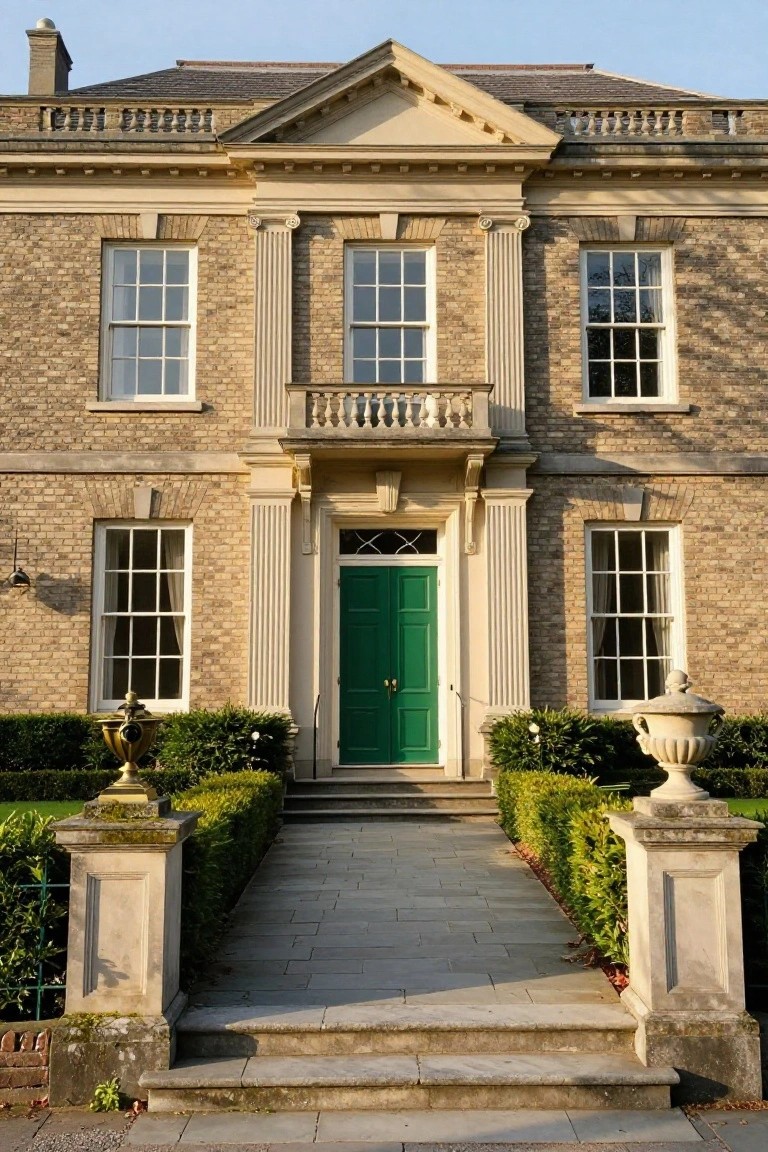 Two-story beige brick house with neoclassical columns flanking a green front door, stone steps, pedestal urns, and clipped hedges.