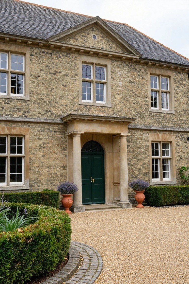 Two-story yellow brick house with multi-pane windows, stone pedimented portico, dark green double front door with brass handles, flanked by terracotta pots of lavender, boxwood hedges, and gravel driveway.