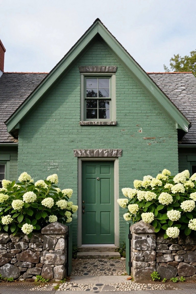 Sage green painted brick cottage with gabled roof, centered green door flanked by large white hydrangea bushes on stone pillars, and pebble path to the entry.
