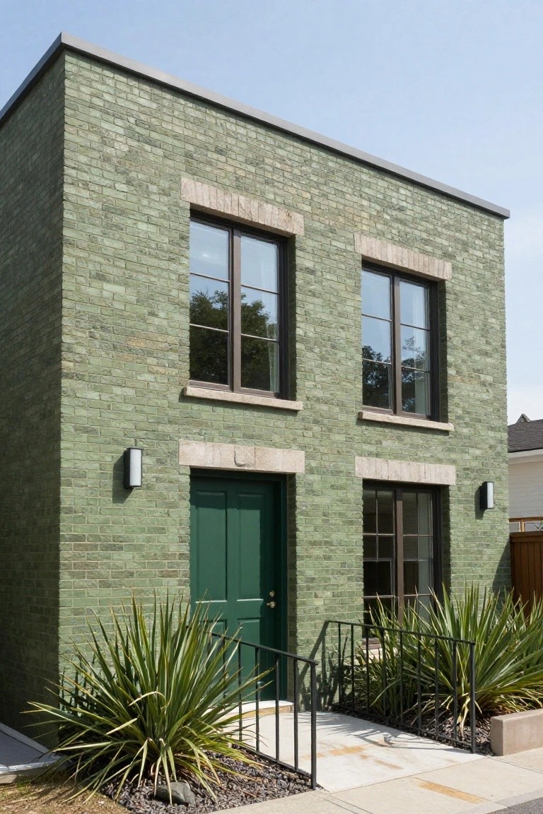 Compact two-story house with green brick exterior, large wood-framed windows, green double front door, metal railing steps, yucca plants flanking the entry, and concrete path.