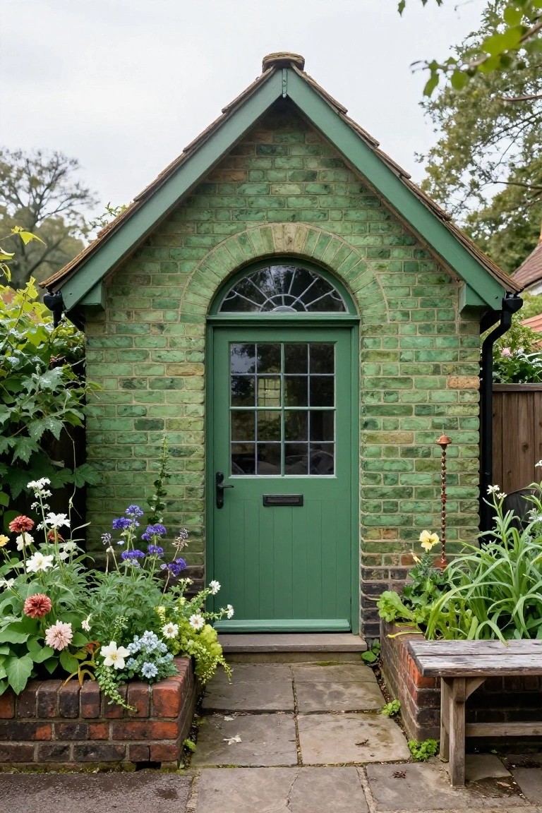 Small green brick outbuilding with pitched green roof, arched fanlight window above a green paneled door with letterbox, flanked by flower beds and plants on a paved path.